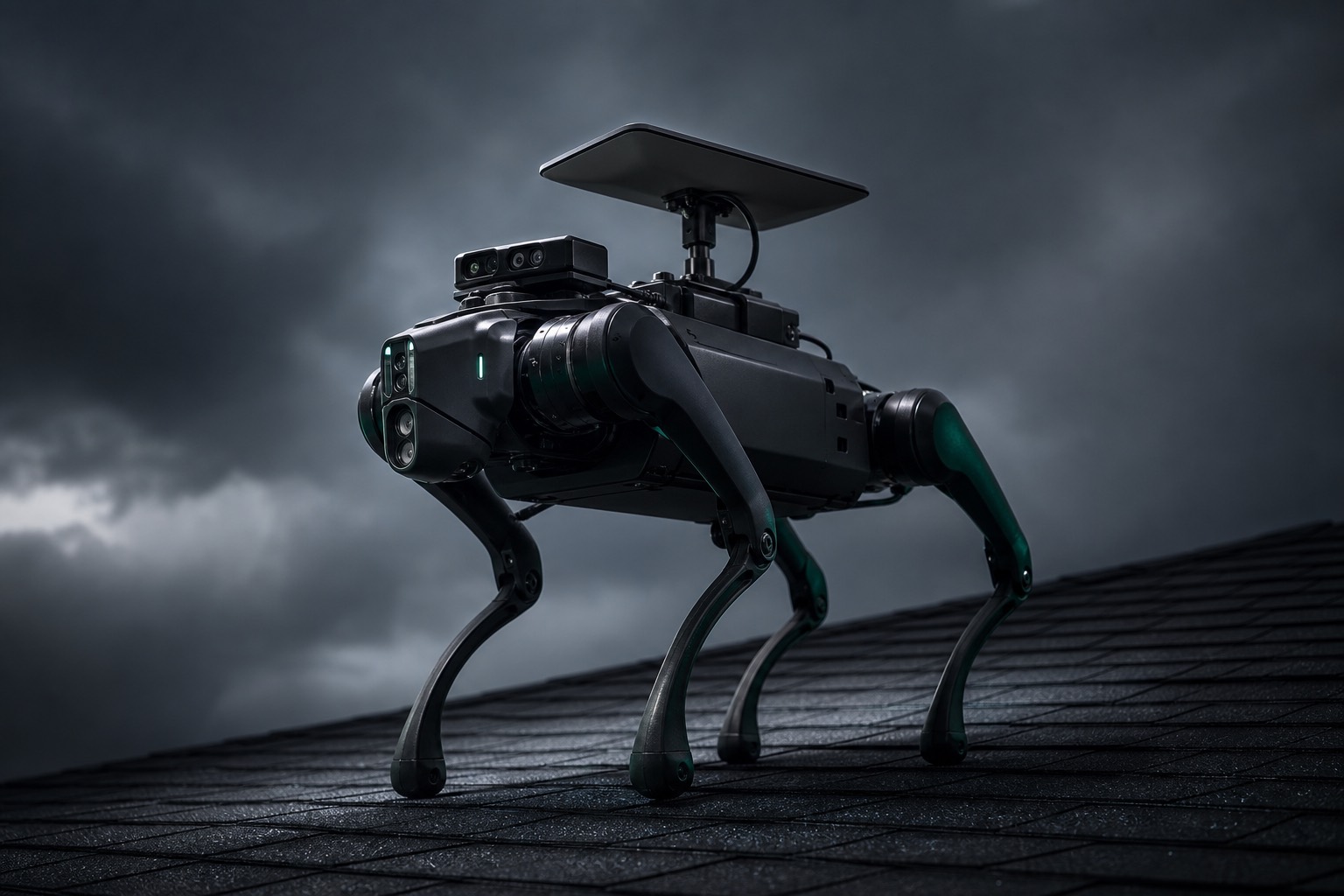 Unitree Go2 quadruped robot with Starlink Mini on a rooftop jobsite